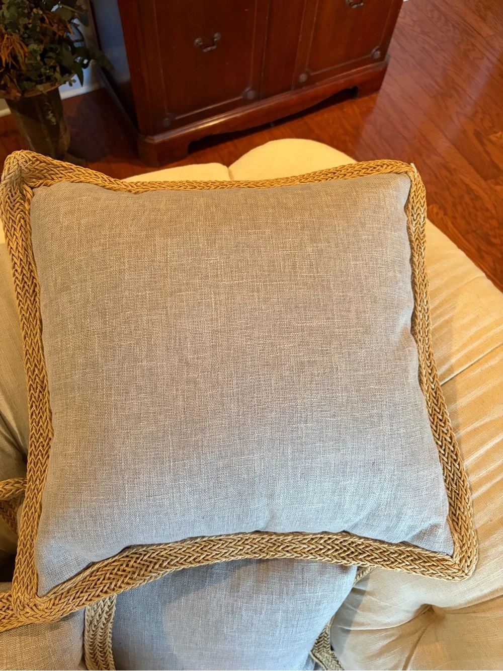 Canaan Company EUC Neutral Linen Throw Pillow with Braided Trim - Set of 3